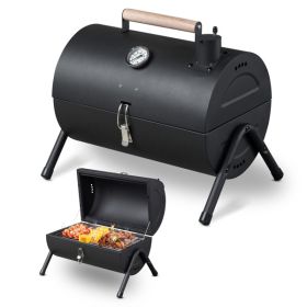 Portable Charcoal Grill with Thermometer & Wooden Handle, Compact Tabletop Barbecue Grill for Outdoor Camping BBQ Grilling Backyard Party Cooking