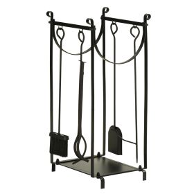 Firewood Rack with Fireplace Tools, Indoor Outdoor Firewood Holder, Flat Bottom with 2 Tiers for Fireplace, Wood Stove, Hearth or Fire Pit, Black (Color: as pic)